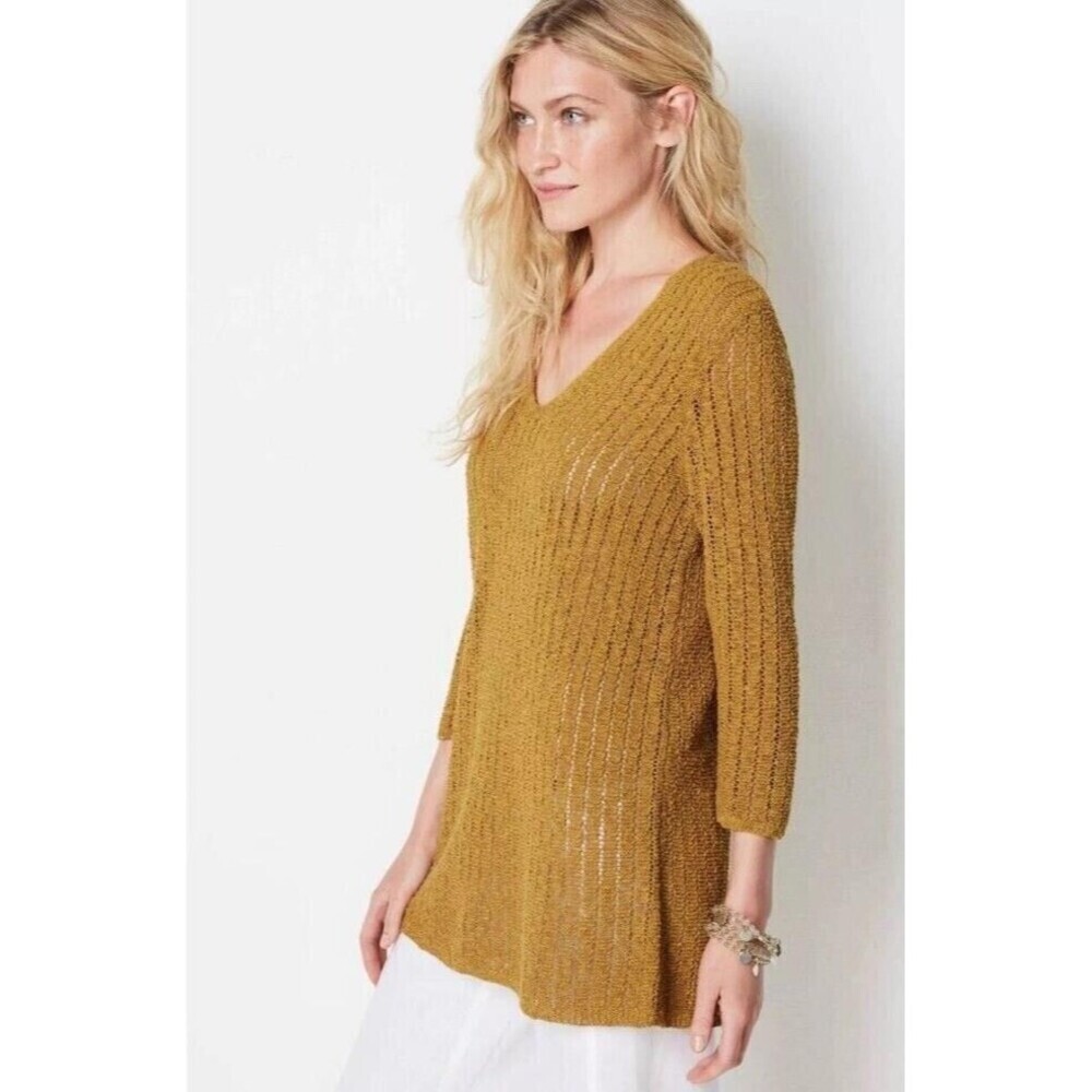 J. Jill Sweater Women M Yellow Cotton Blend 3/4 Sleeve Open Stitch V Neck Tunic